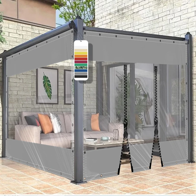 AMXFS Crystal clear tarpaulins transparent with eyelets patio tarpaulin made of 580g/㎡ PVC gray H2.8mxL6.5m Outdoor Curtain Weatherproof Waterproof Rain Cover without Zipper