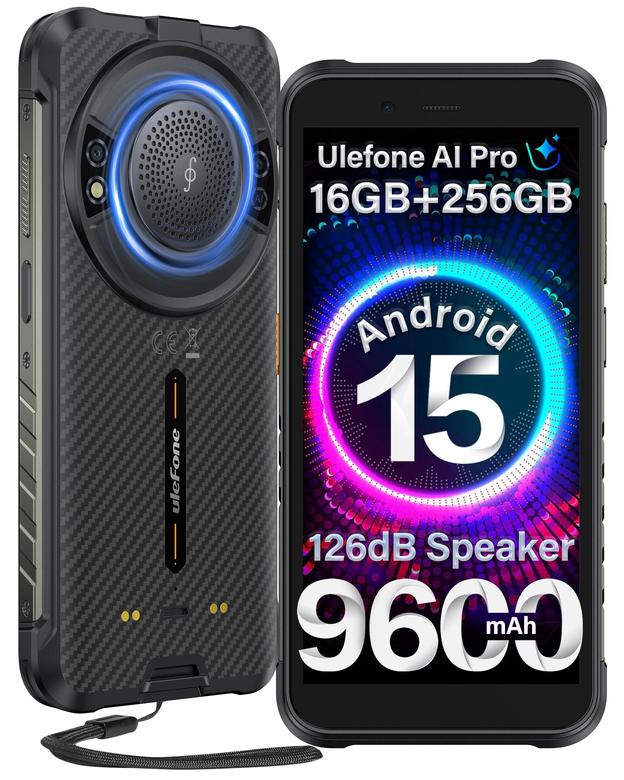 Ulefone RugKing Rugged Smartphone, 16GB+256GB/2TB TF, 9600mAh Dock Charging, 126dB Speaker, Android 15, 50MP Waterproof Camera, 5.99 inch IP68 Outdoor Armor Mobile Phone Unlocked, 4G 3-Card Slot NFC