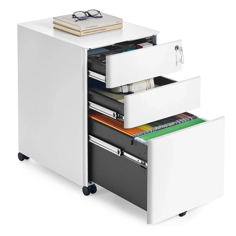 SONGMICS Mobile File Cabinet, 3 Drawer Metal Filing Cabinet for Home Office, Lockable Rolling Printer Stand, Pre-Assembled, for Office, 50 x 39 x 59 cm, Matte White OFC032WG01