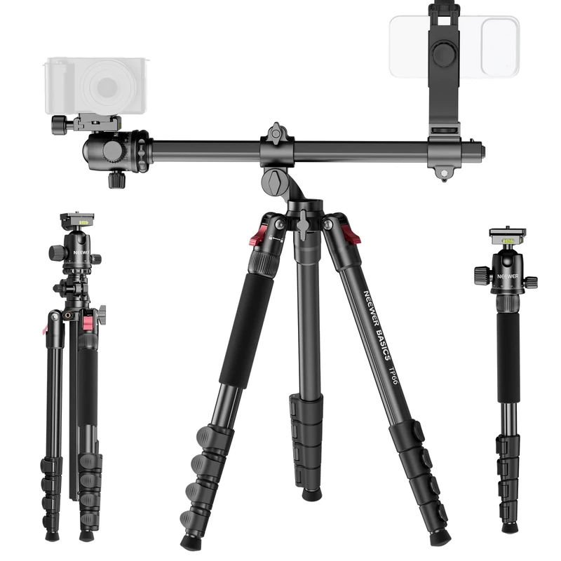 NEEWER BASICS 64.5" Horizontal Overhead Tripod Monopod for Dual Camera Aluminum Travel DSLR Camcorder Stand with Cell Phone Holder Compatible with Phone for Video Recording, 22lb/10kg Load, TP66