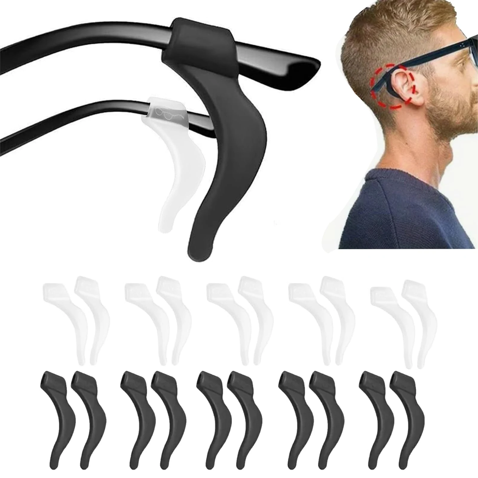 20 Pcs Silicone Ear Hooks, Silicone Glasses Ear Cushion Grip, Anti Slip Eyeglass Ear Cushions, Glasses Ear Grips, Glasses Grips Behind Ears,Glasses Anti Slip,for Glasses, Sunglasses, Reading Glasses