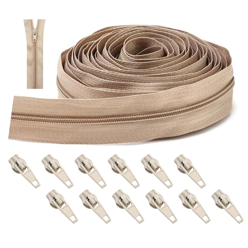 Zips for Sewing, Continuous Zip Repair 5m Beige Zipper Size 3 Yard Bulk Zippers for Sewing with 12 Sliders Long Zip, Heavy Duty Trimmable on Roll NO.3 Pullers for DIY Sewing Tailor Craft Bag