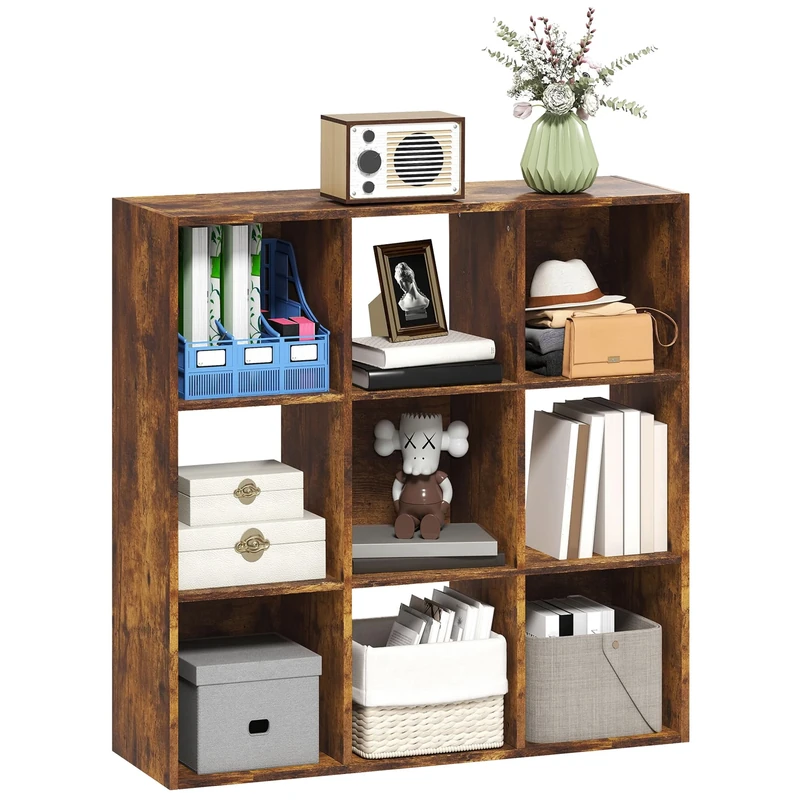 HOMCOM 3-tier 9 Cubes Storage Unit Particle Board Cupboard Bookcase Organiser Home Office Shelves, Rustic Brown
