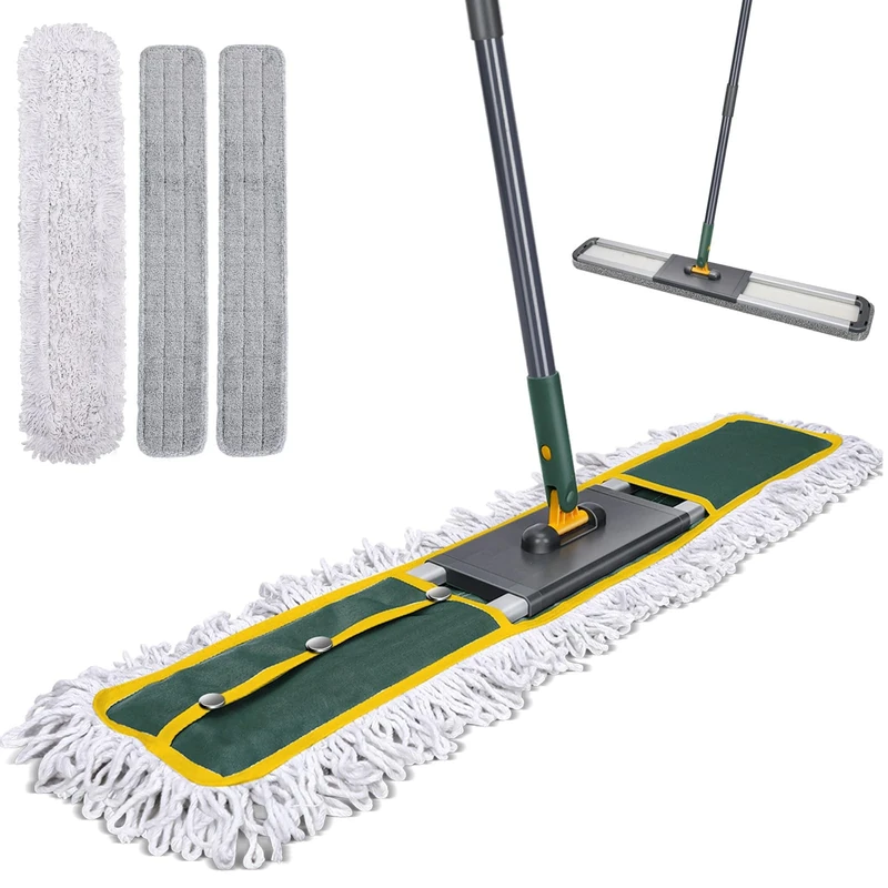 MASTERTOP Industrial Mop, Larger 90cm Wide Floor Sweeper Mop with 3 Replacement Pads, Adjustable Handle Commercial Flat Mops for Mall Hospital Factories Supermarkets, Heavy Duty Duster Mops - Green