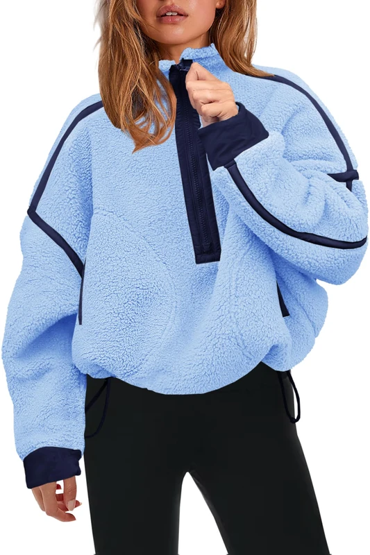 Panadila Womens Half Zip Sherpa Fleece Pullover Soft Oversized Sweatshirt with Pockets Warm Fuzzy Sweater, Peri Blue Combo, Large