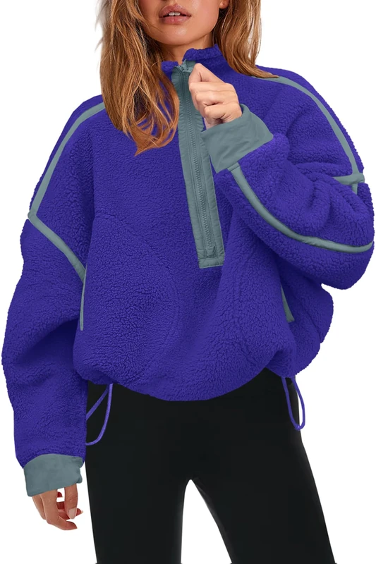 Panadila Womens Half Zip Sherpa Fleece Pullover Soft Oversized Sweatshirt with Pockets Warm Fuzzy Sweater, Dark Purple, S