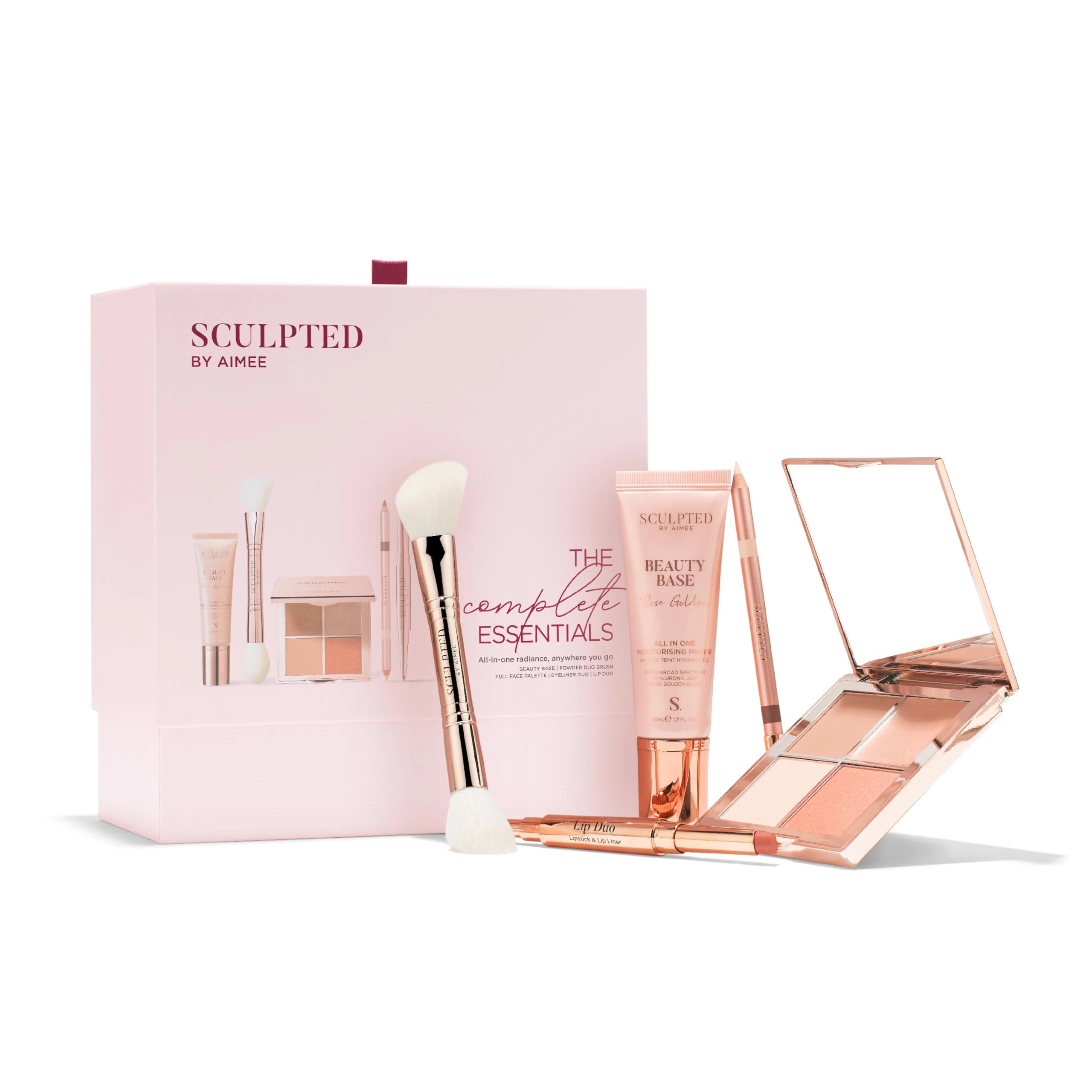Complete Essentials Beauty Gift Set for Women from Sculpted by Aimee – Makeup & Skincare, Gift Set for Christmas - Full Face Palette, Eyeliner Duo, Beauty Base Prime, Lip Duo, & Powder Duo Brush