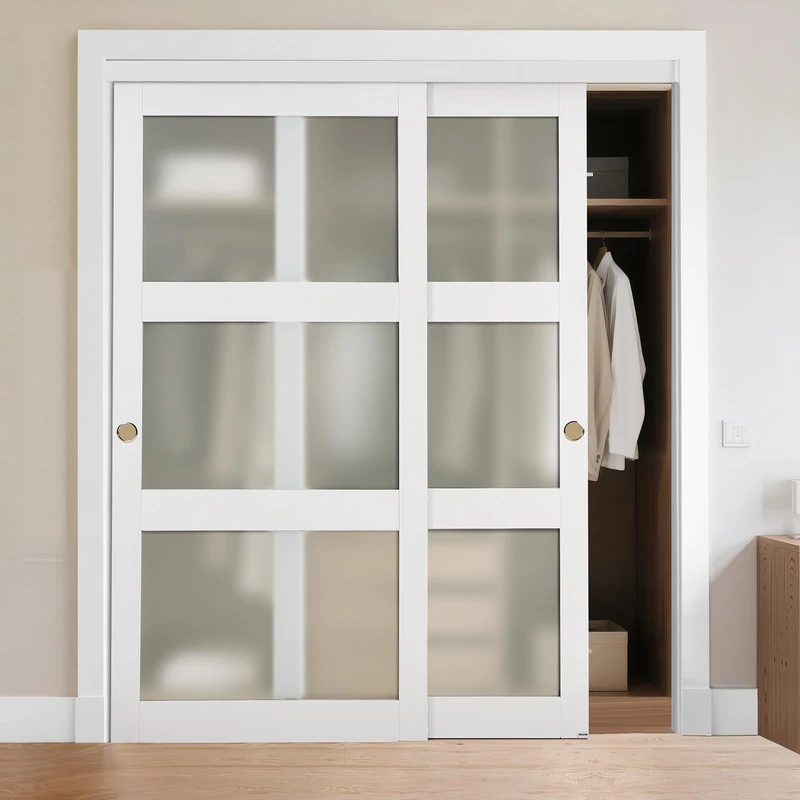VEVOR Sliding Closet Door, 1829mm (Double 940mm) x 2032 mm, 3-Lite Frosted Glass Bypass Sliding Doors with Hardware Kit, Solid Wood & MDF Slab with Water-Proof PVC Surface for Closets Bedrooms