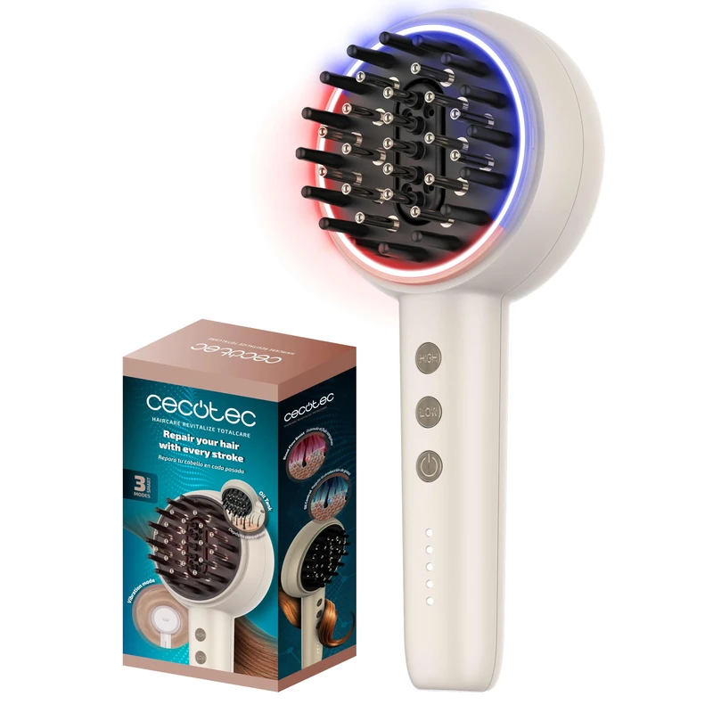 Cecotec HairCare Revitalize TotalCare Repairing Brush with EMS Microcurrents, Red and Blue LED Light, 5 Levels Serum Applicator, Nourishes, Firms and Strengthens Hair From the Root