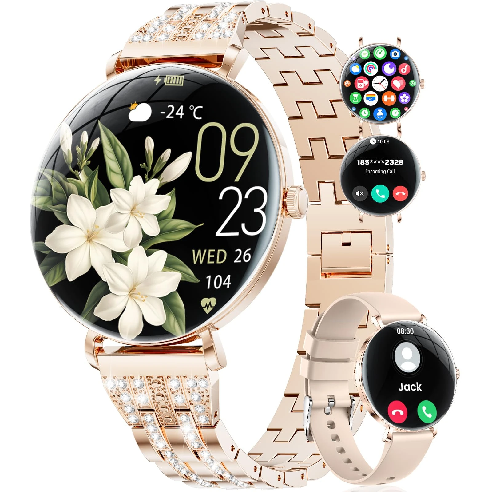 LIGE Smart Watches for Women,1.43" AMOLED Fitness Tracker with 100+ Sports Modes/Step Counter/Heart Rate/Calories/Sleep Tracker Ladies Smart Watch for Android iOS Rose Gold 2 Straps