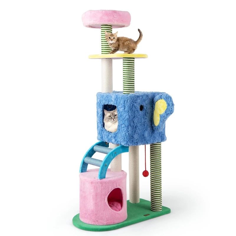 GYMAX Cat Tree for Indoor Cats, 154 cm Multi-Level Kitty Tower with 2 Condo, Padded Perch, Scratching Posts, Ladder, Plush Toy, Platforms, Removable Cushion, Pet Playhouse Activity Center