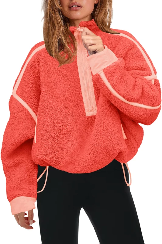 Panadila Womens Half Zip Sherpa Fleece Pullover Soft Oversized Sweatshirt with Pockets Warm Fuzzy Sweater, Neon Coral Combo, Medium