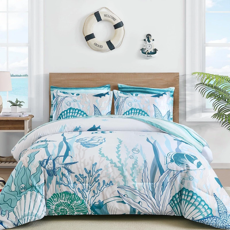 WONGS BEDDING Coastal Queen Size Comforter,7 Pieces Beach Nautical Themed Bed in a Bag Bedding Set,Ocean Coral Seashell Pattern Soft Warm Comforters for All Season, 90"x90"