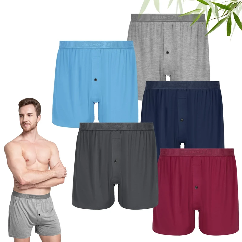 IGOLUMON Mens Boxers Loose Fit - 5-pack Bamboo Boxers Shorts with Button Fly - Tag-free Loose Boxers Breathable Multipack Underwear Trunks