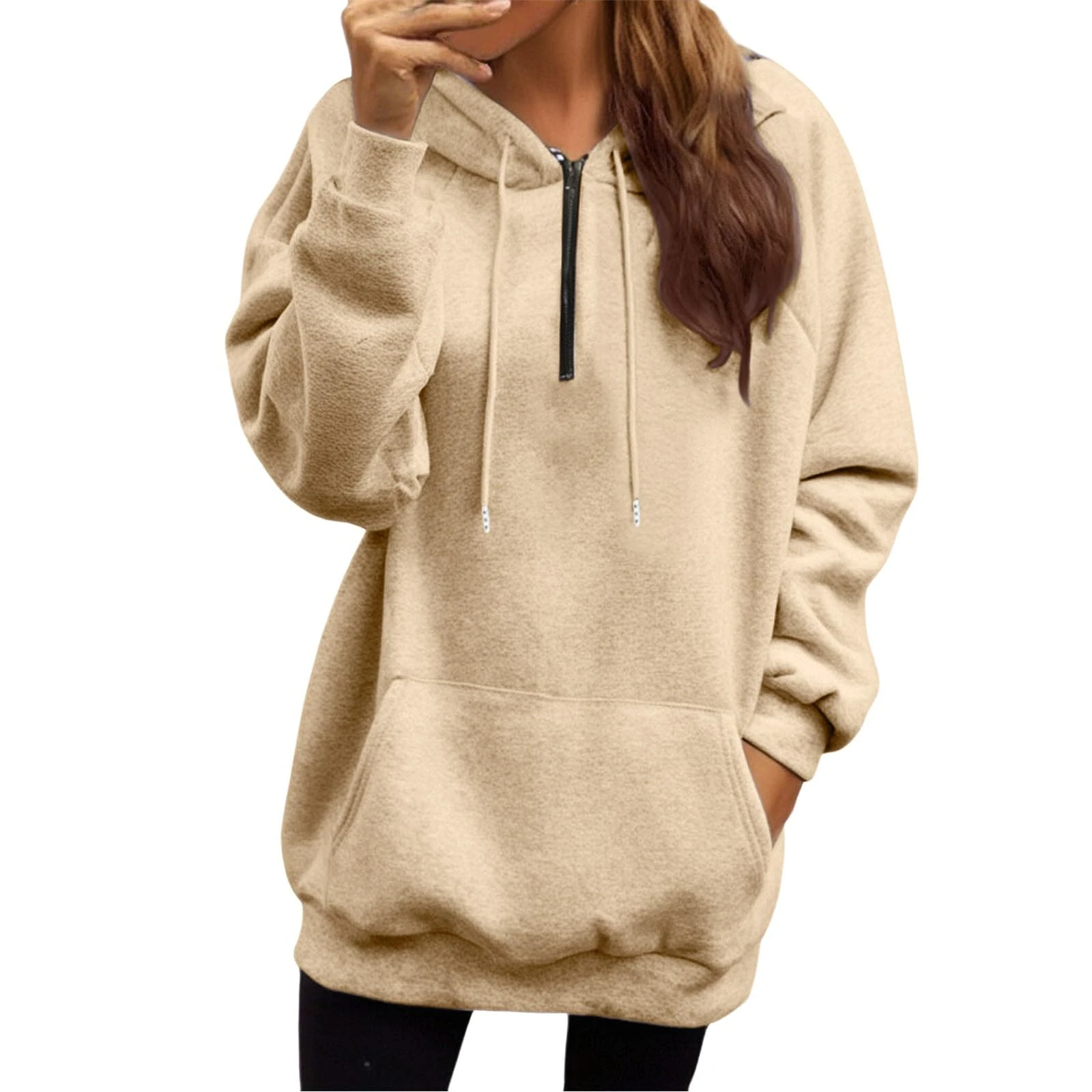 Womens Long Sleeve Hoodie Sweatshirts Drawstring Zipper Hoodies Athletic Travel-Lightweight Pullover Tops Soft Comfort Half Zip Sweatshirt Women Comfy Baggy Crew Clothing Women Long Sleeve Tops Beige