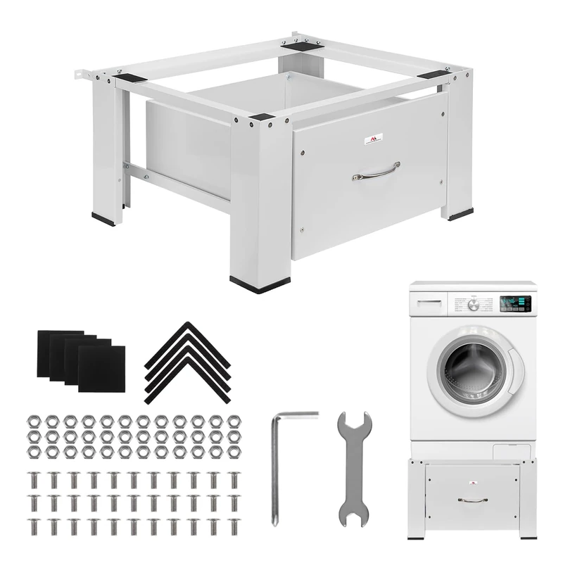 Maclean Washer-dryer stand MC-117 W with integrated high stability drawer up to 150 kg 63 × 54 cm white ergonomic