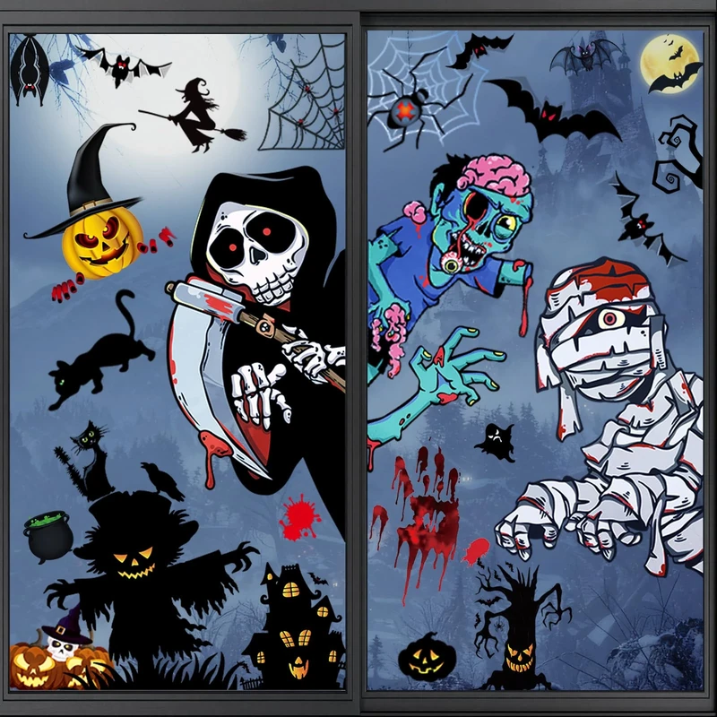 164 Pcs/15 Sheets Halloween Window Stickers, Reusable Double Sided Clings, Easy Peel & Stick, Witch, Spider, Bat, Pumpkin, Ghost & More, Perfect for Halloween Parties & Decorations