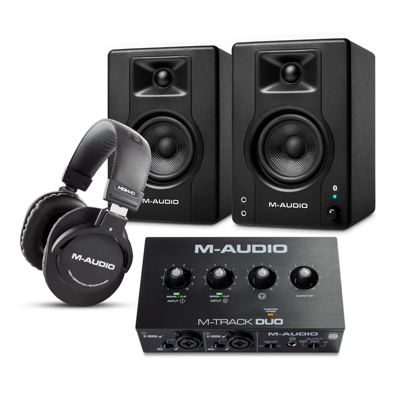 M-AUDIO BX4 Pair Bluetooth Studio Monitors Bundle with Dual XLR Audio Interface and Headphones for Studio Recording, Music Production, Podcasting, Streaming