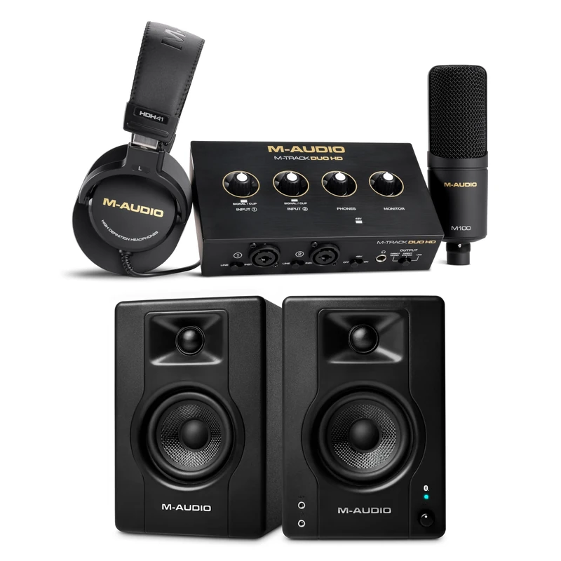 M-AUDIO BX4 Pair Bluetooth Studio Monitors Bundle with Dual XLR HD Audio Interface Pack for Studio Recording, Music Production, Podcasting, Streaming