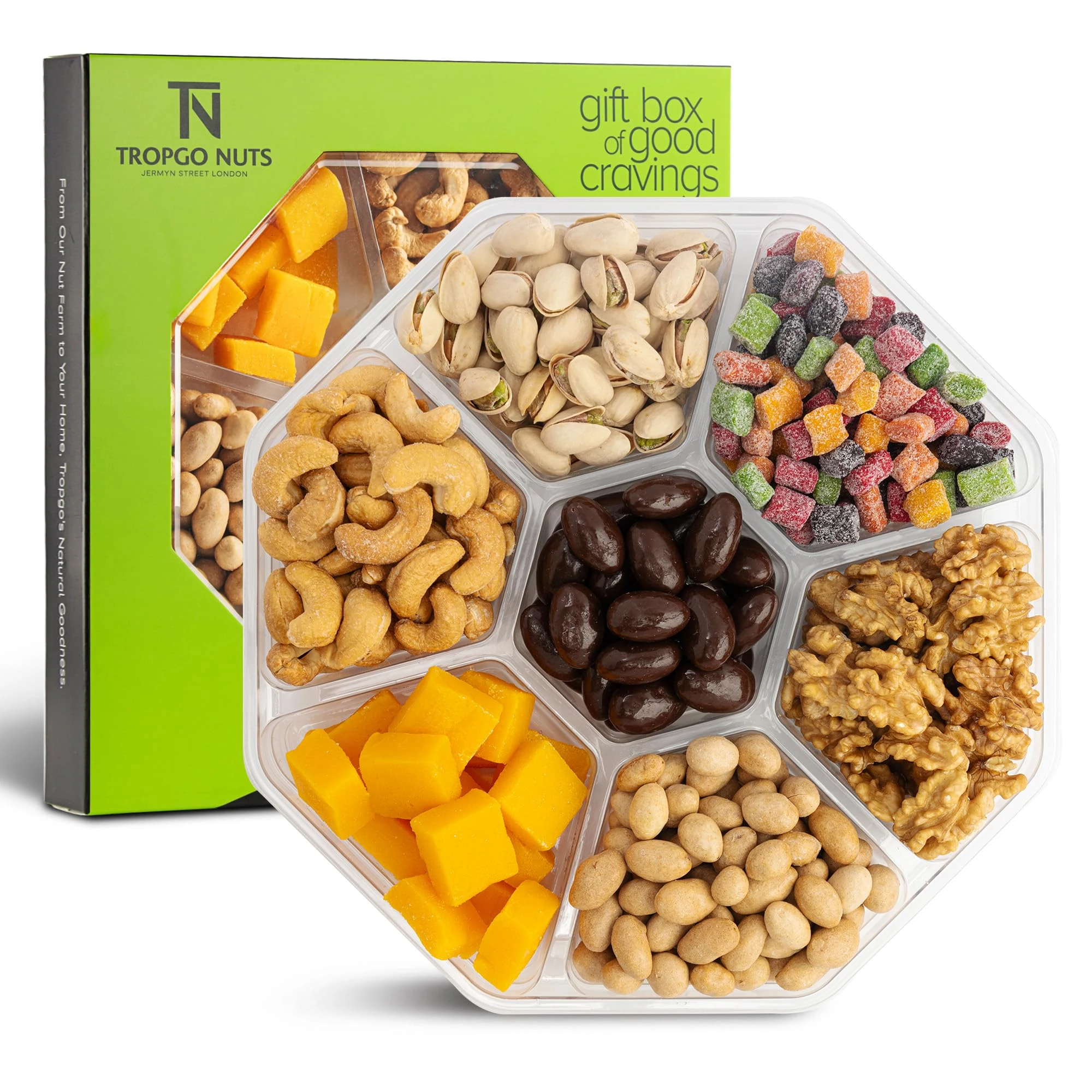 Tropgo 7 Sections Green Food Gift Box - Food Gifts with Pistachios, Cashews, Peanuts, Mango Mini Cubes, Mango Bites, Walnuts & Chocolate Almonds - Party Gift Sets for Men and Women in Gift Box