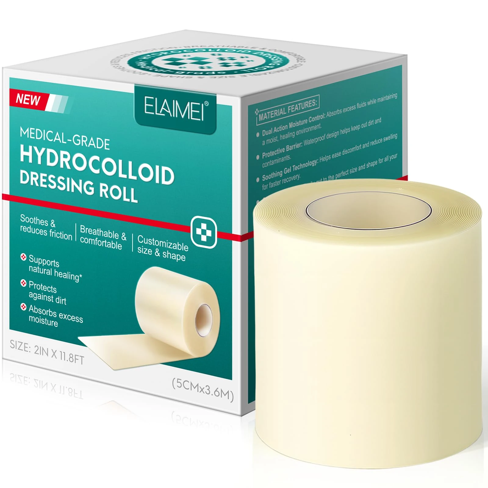 Hydrocolloid Roll for Wound Care, Cuttable Hydrocolloid Bandages 5cm*3.6m, Waterproof & Flexible Wound Dressing Roll, Ultra Absorbent, Self-Adhesive, Safe and Effective