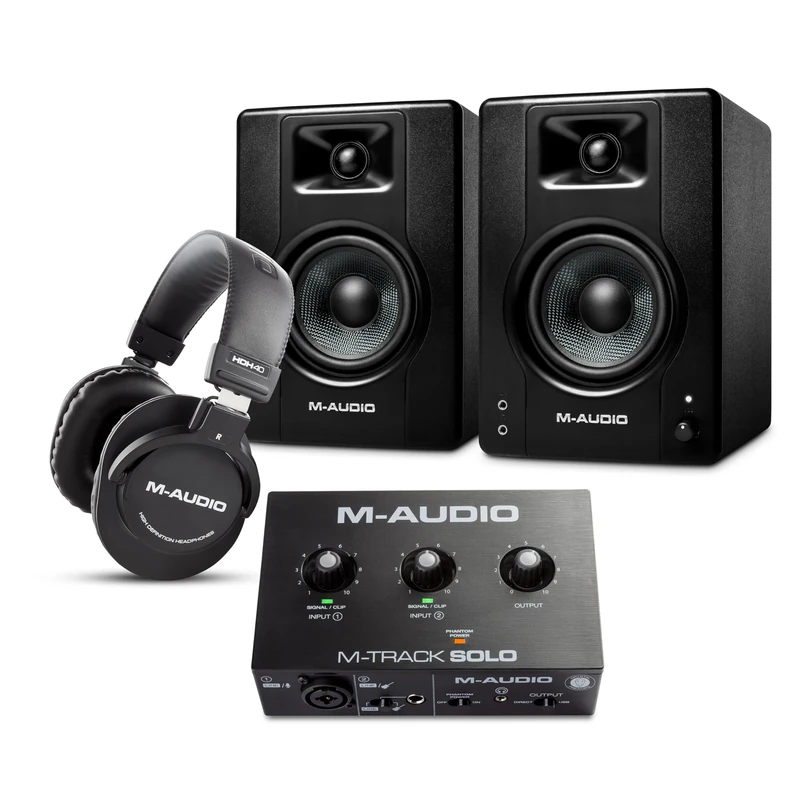 M-AUDIO BX4 Pair Studio Monitors Bundle with Single XLR Audio Interface and Headphones for Studio Recording, Music Production, Podcasting, Streaming - Image 1