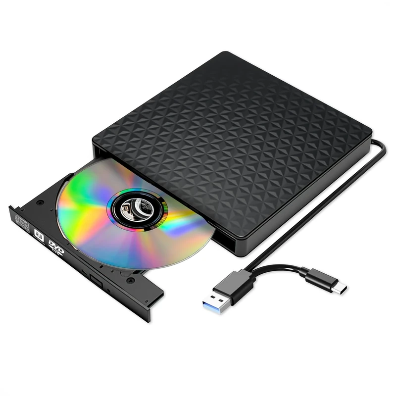 External CD DVD Drive, Ultra-Slim CD ROM Burner Reader Writer Drive Portable DVD Player, USB 3.0 and Type-C Optical, Compatible with Laptop Desktop PC Windows XP/7/8/10/11 MacBook Mac OS Linux
