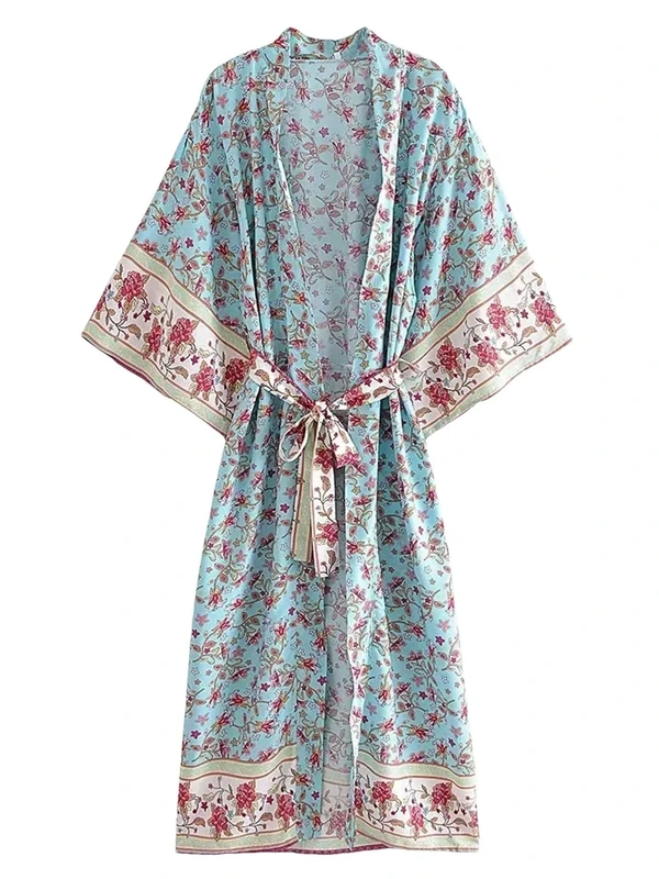 Women Floral Print Bohemian Kimono Dress Batwing Sleeves Boho Maxi Cover-Ups Beach Wear Light Blue L
