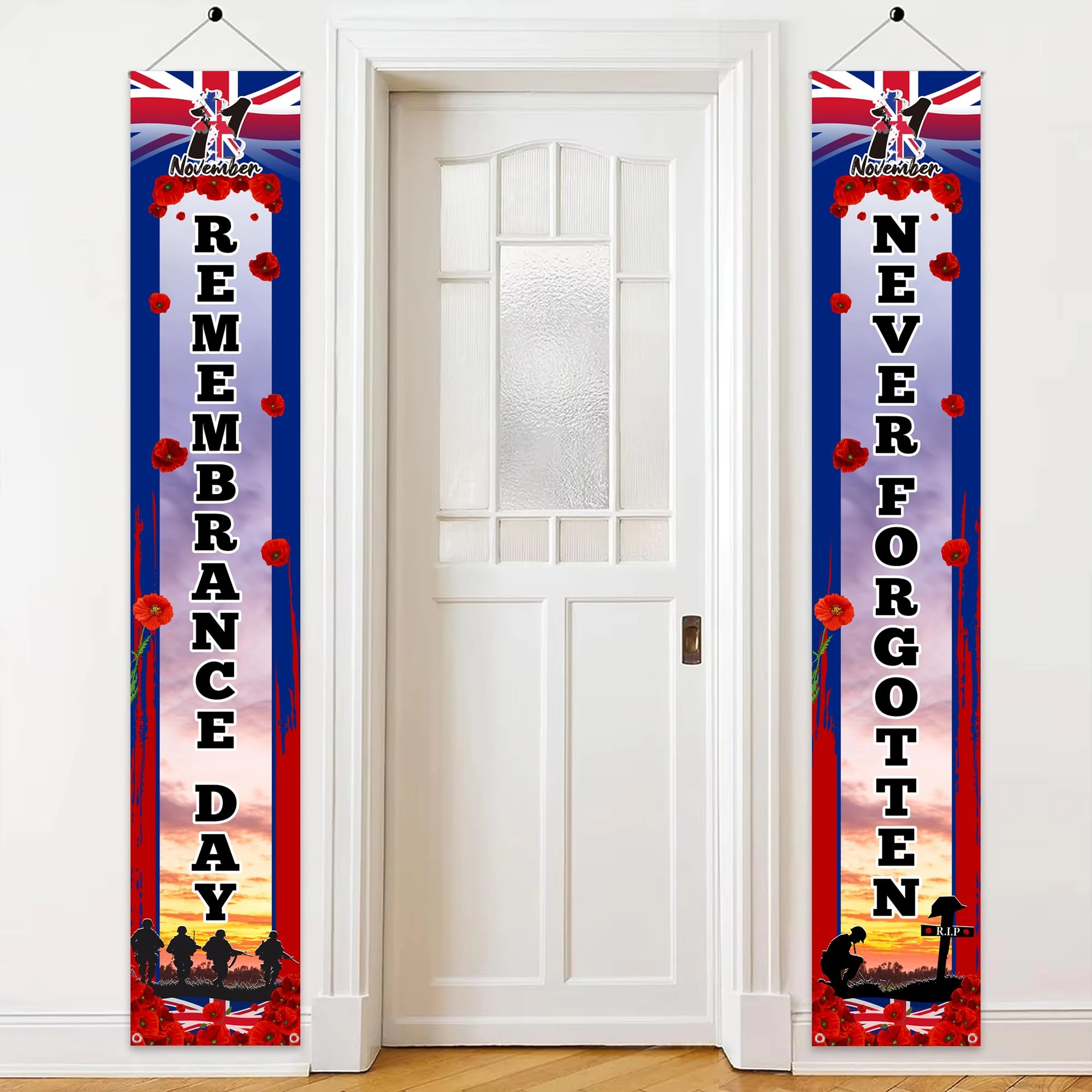 Remembrance Day Door Banner Decorations - 2Pcs Never Forgotten Flags Poppy Memorial Decor, Armistice Day Vertical Bunting for Porch Church School Entrance Indoor Outdoor (Red Blue)