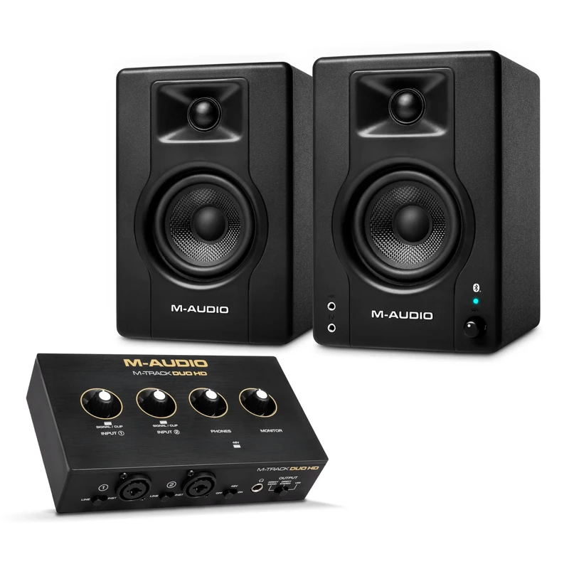 M-AUDIO BX3 Pair Bluetooth Studio Monitors Bundle with Dual XLR Audio Interface for Studio Recording, Music Production, Podcasting, Streaming