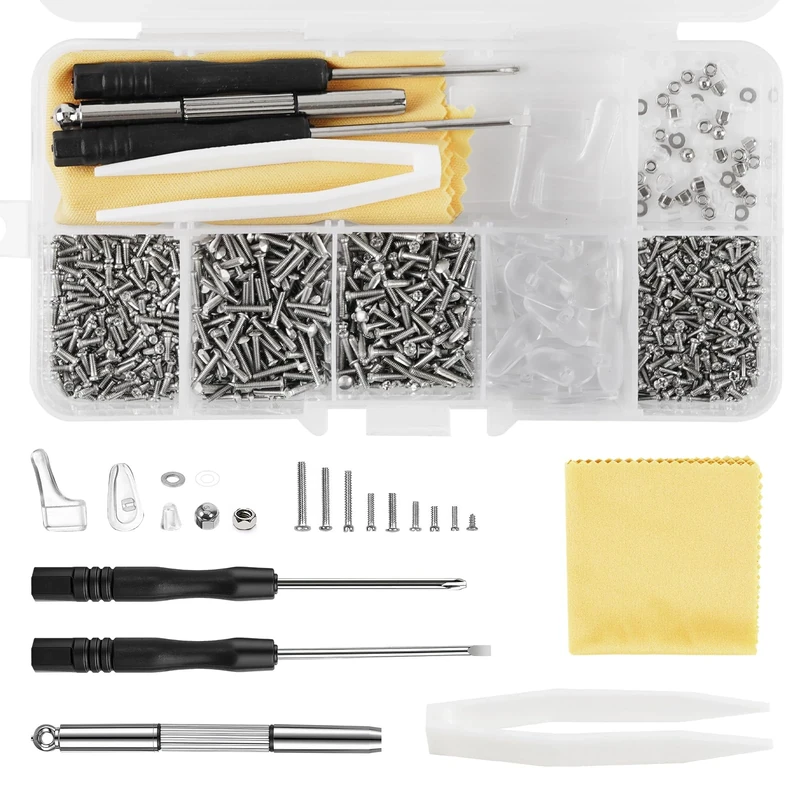 1000+ Pcs Eyeglass Sunglass Glasses Repair Tool Kit, Spectacle Repair Screwdriver Set - Mini Screwdriver, Screws Nuts, Silicone Nose Pads, Tweezer, Glasses Cloth Assortment Repair Tool Set