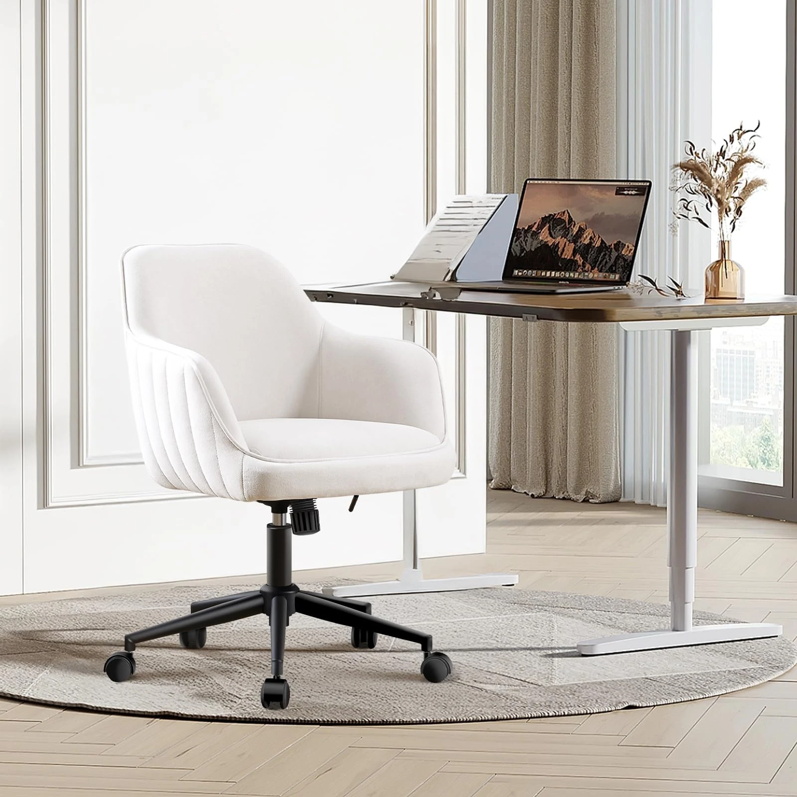 Office Chair Swivel Home Desk Chair Velvet Dressing Table Armchair 136 kg Load Capacity Ergonomic Height Adjustable 360° Rotatable Vanity Chair Quiet Castors Soft for Study Makeup Room Bedroom White