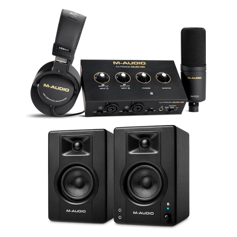 M-AUDIO BX3 Pair Bluetooth Studio Monitors Bundle with Dual XLR HD Audio Interface Pack for Studio Recording, Music Production, Podcasting, Streaming