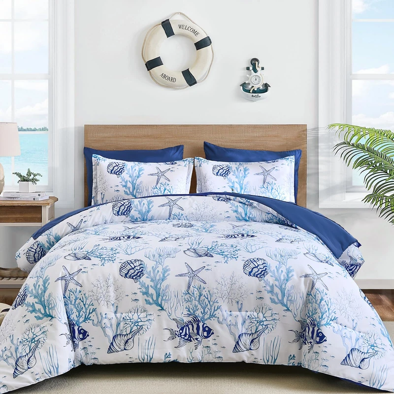 WONGS BEDDING Coastal King Size Comforter,7 Pieces Beach Nautical Themed Bed in a Bag Bedding Set,Ocean Coral Starfish Pattern Soft Comforters for All Season, 96 * 104"