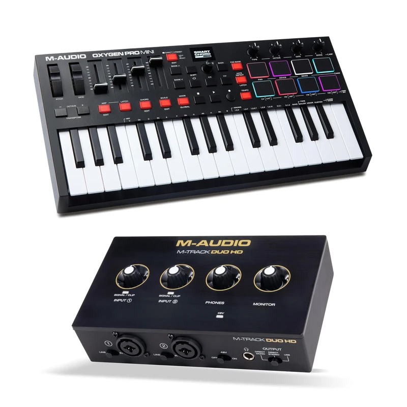 M-AUDIO Oxygen Pro Mini MIDI Controller Bundle with M-Track Duo HD Audio Interface for Studio Recording, Music Production, Podcasting, Streaming