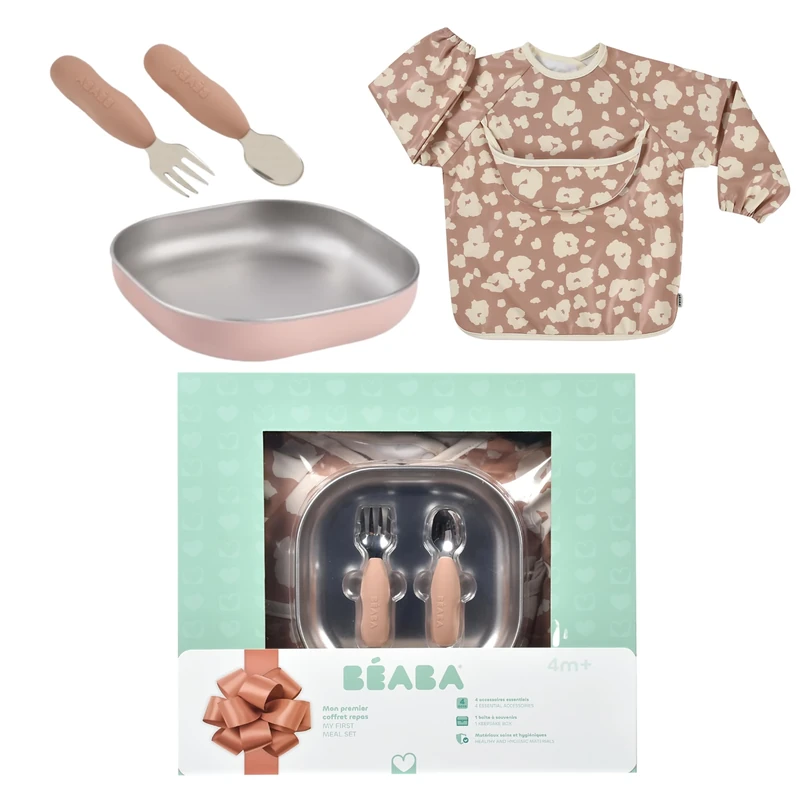 BÉABA Baby Meal Set – Complete Newborn Gift Set from 4 Months – Microwave-Safe Stainless Steel Plate, Ergonomic Cutlery, Sleeve Bib, Keepsake Box – Healthy and Sustainable Materials, Savannah Bloom