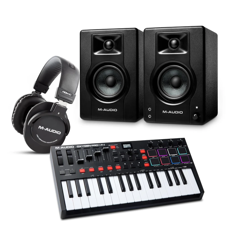M-AUDIO Oxygen Pro Mini MIDI Controller Bundle with BX3 Pair Studio Monitors and Headphones for Studio Recording, Music Production, Podcasting, Streaming