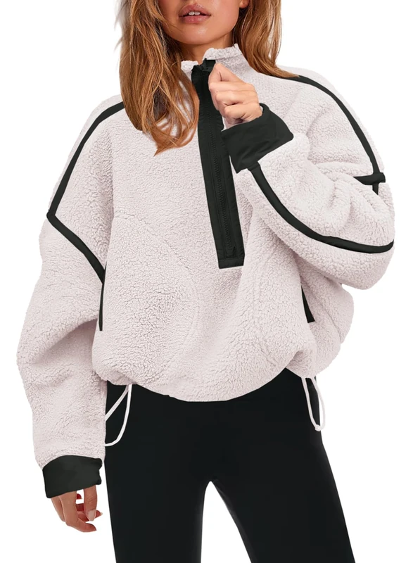 Panadila Womens Half Zip Sherpa Fleece Pullover Soft Oversized Sweatshirt with Pockets Warm Fuzzy Sweater, White, XS