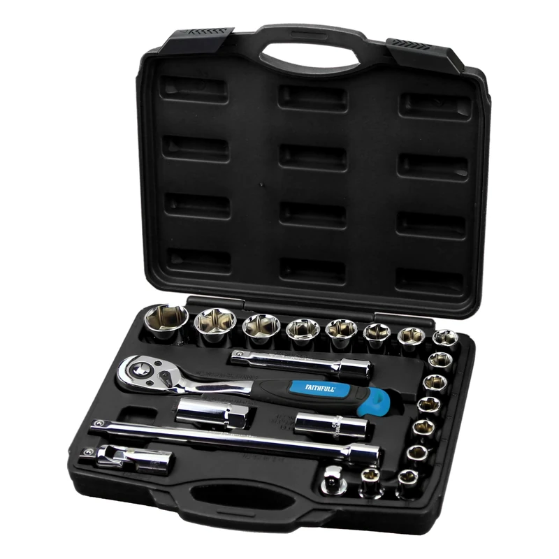 Faithfull Socket Set – 22 Piece (10–32mm), ½ Inch Square Drive, Corrosion Resistant Chrome Vanadium Steel with Quick-Release Ratchet, Extensions & Accessories in Storage Case
