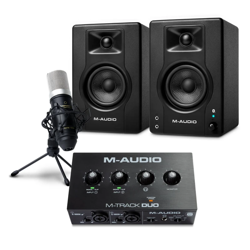 M-AUDIO BX4 Pair Bluetooth Studio Monitors Bundle with Dual XLR Audio Interface and XLR Microphone for Studio Recording, Music Production, Podcasting, Streaming