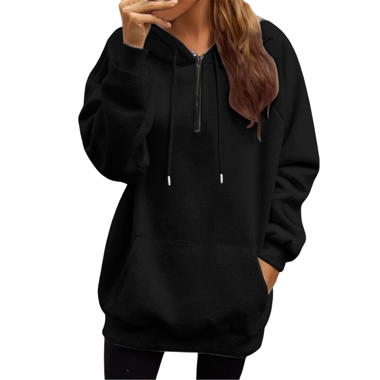 Womens Long Sleeve Hoodie Sweatshirts Drawstring Zipper Hoodies Athletic Travel-Lightweight Pullover Tops Soft Comfort Half Zip Sweatshirt Women Comfy Baggy Crew Clothing Women Long Sleeve Tops Black