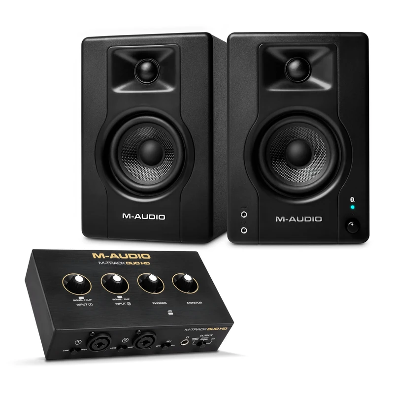 M-AUDIO BX4 Pair Bluetooth Studio Monitors Bundle with Dual XLR HD Audio Interface for Studio Recording, Music Production, Podcasting, Streaming