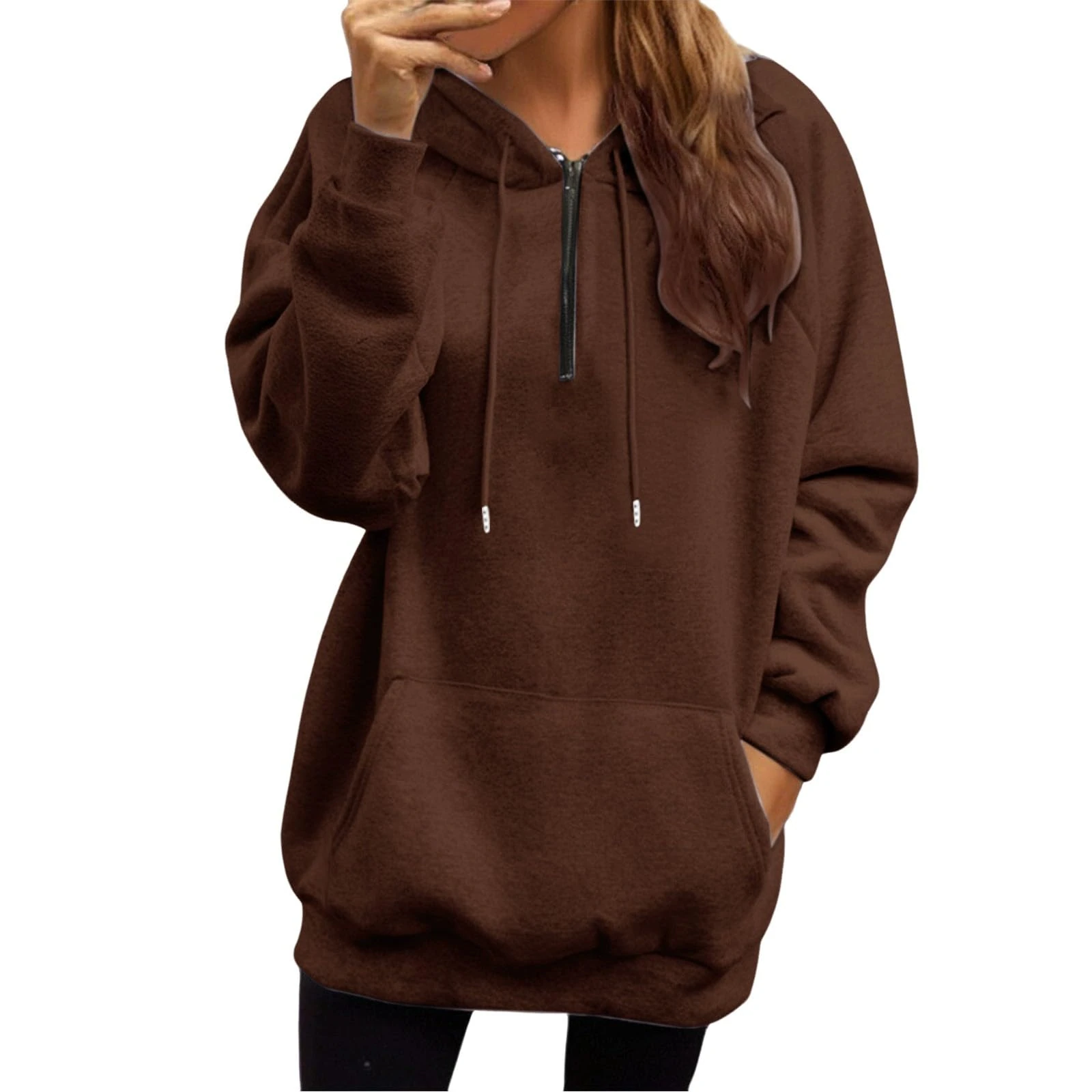 Womens Long Sleeve Hoodie Sweatshirts Drawstring Zipper Hoodies Athletic Travel-Lightweight Pullover Tops Soft Comfort Half Zip Sweatshirt Women Comfy Baggy Crew Clothing Women Long Sleeve Tops Brown