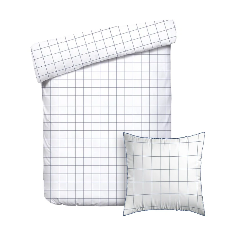 Pure Cotton 2-Piece Single Bed Linen – Duvet Cover 135 x 200 cm and Pillowcase 80 x 80 cm – 100% Cotton Satin, 80 Threads/cm², 120 GSM – Oeko-TEX Certified – Check – White/Blue