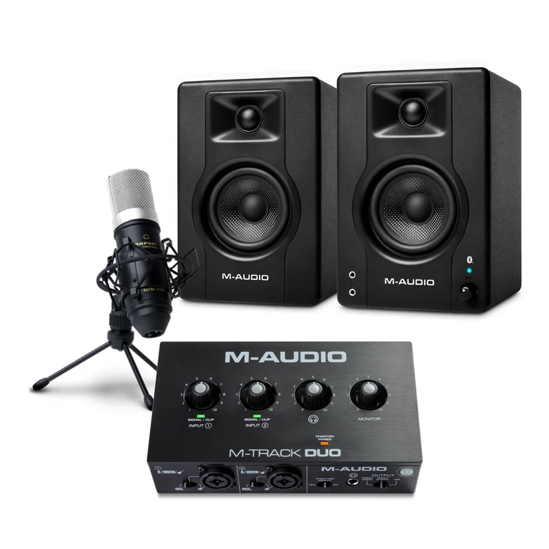 M-AUDIO BX3 Pair Bluetooth Studio Monitors Bundle with Dual XLR Audio Interface and XLR Microphone for Studio Recording, Music Production, Podcasting, Streaming
