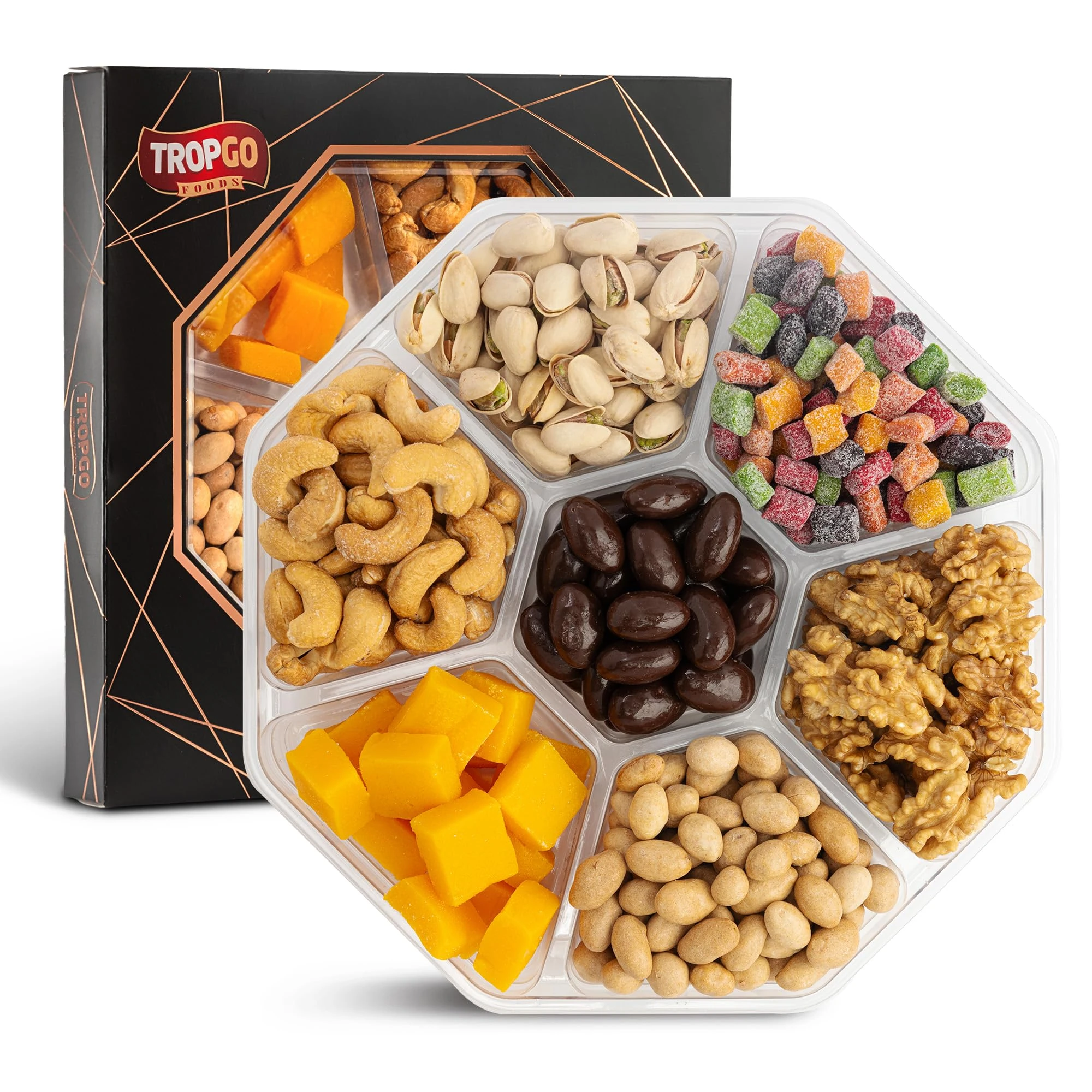 Tropgo 7 Sections Black Food Gift Box - Pistachios, Cashews, Peanuts, Mango Mini Cubes & Mango Bites, Walnuts & Chocolate Almonds - Party Gift Sets for Men and Women in Gift Box