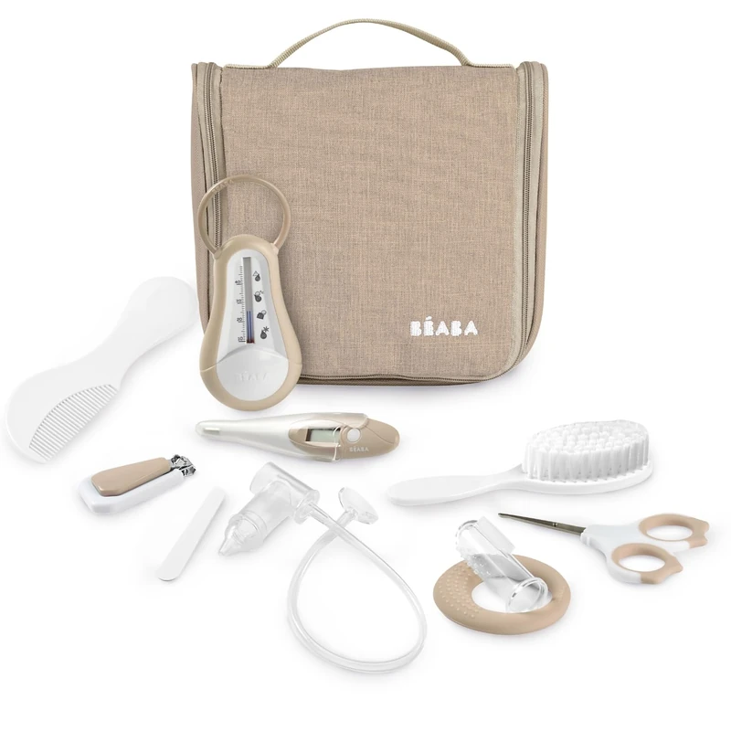 BÉABA Baby Travel Toiletries Bag – 10 Care Accessories from Birth – Rotating Hook, Compact Size, Double Zip – Thermometers, Nail Clippers, Baby Nasal Aspirator, Brush – Clay Colour