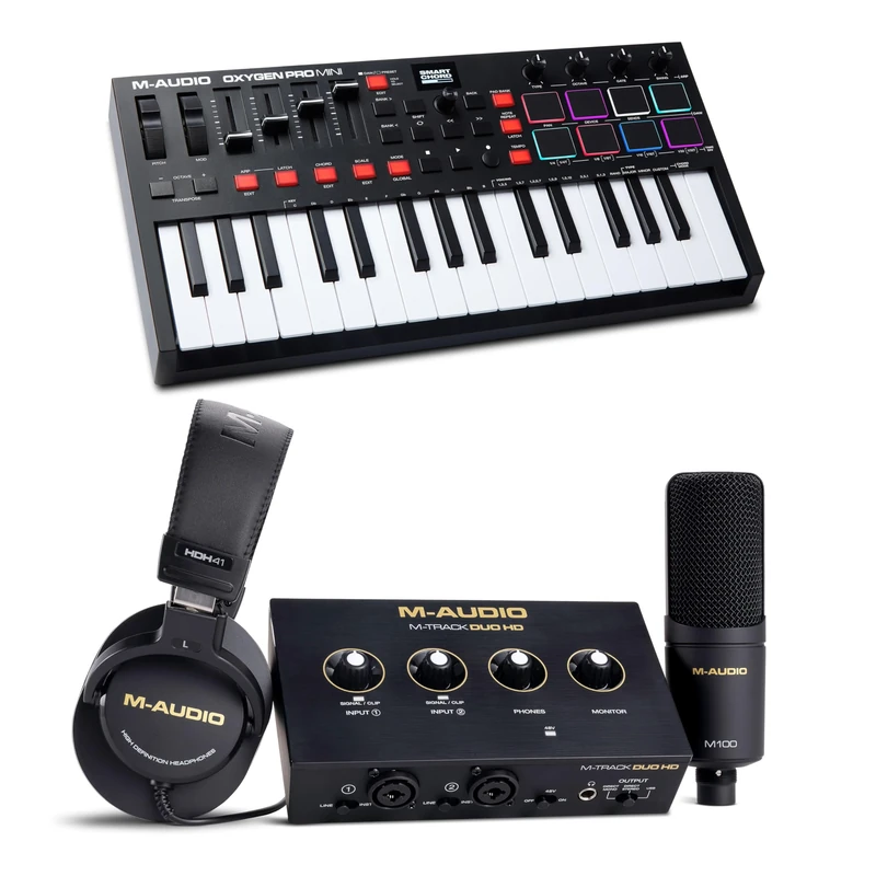 M-AUDIO Oxygen Pro Mini MIDI Controller Bundle with M-Track Duo HD Audio Interface Pack for Studio Recording, Music Production, Podcasting, Streaming