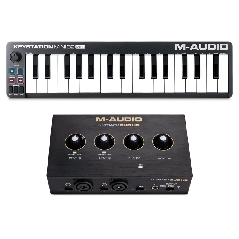 M-AUDIO Keystation Mini 32 MK3 MIDI Controller Bundle with M-Track Duo HD Audio Interface for Studio Recording, Music Production, Podcasting, Streaming