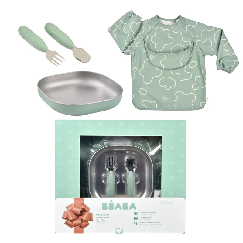 BÉABA Baby Meal Set – Complete Newborn Gift Set from 4 Months – Microwave-Safe Stainless Steel Plate, Ergonomic Cutlery, Sleeve Bib, Keepsake Box – Healthy and Sustainable Materials, Sage Green